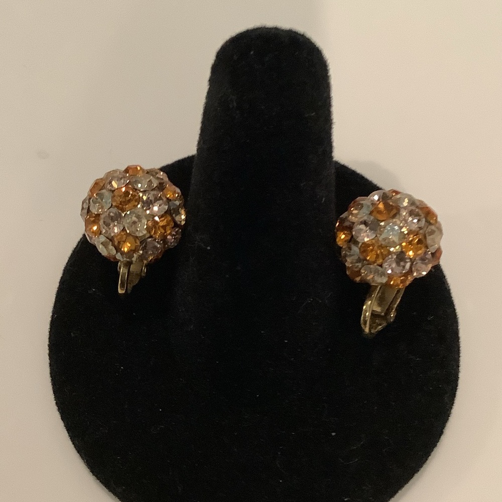 Gold-Tone Amber and Clear Crystal Clip-On Earrings, Brand New
